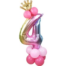 Best Parti 4 Yaş Gökkuşağı Renkleri Rakam Balon Altın Taçlı 4 Rakamlı Balon