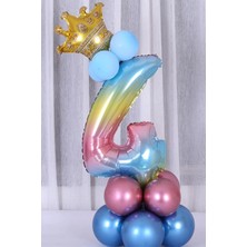 Best Parti Gökkuşağı Renkleri Rakam Balon Altın Taçlı 4 Rakamlı Balon Seti