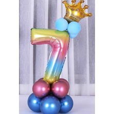 Best Parti Gökkuşağı Renkleri Rakam Balon Altın Taçlı 7 Rakamlı Balon Seti