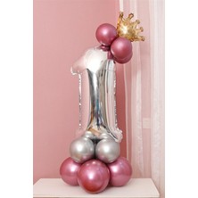 Best Parti 1 Yaş Krom Pembe-Gümüş Renkler Altın Taçlı Balon Seti