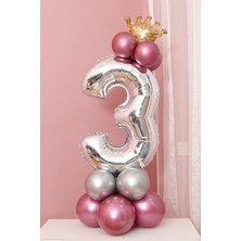 Best Parti 3 Yaş Krom Pembe-Gümüş Renkler Altın Taçlı Balon Seti