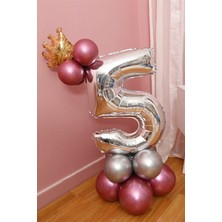 Best Parti 5 Yaş Krom Pembe-Gümüş Renkler Altın Taçlı Balon Seti