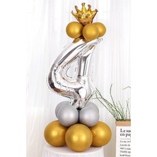 Best Parti Gümüş Renk 4 Yaş Krom Gold-Gümüş Renkler Altın Taçlı Balon Seti