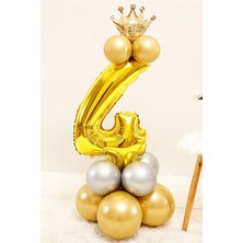 Best Parti Gold Renk 4 Yaş Krom Gold-Gümüş Renkler Altın Taçlı Balon Seti