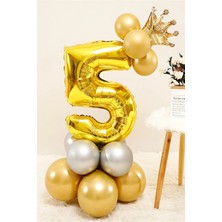 Best Parti Gold Renk 5 Yaş Krom Gold-Gümüş Renkler Altın Taçlı Balon Seti