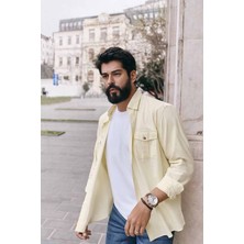 ALTINYILDIZ CLASSICS Erkek Sarı Slim Fit Dar Kesim Düğmeli Yaka %100 Pamuk Flamlı Gömlek
