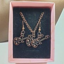 Ororabutik  Bakır Renk 25MM Gitar Figürlü Kolye ve Küpe Seti