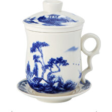 Xhang Mavi ve Beyaz Porselen Ofis Teacups Kapaklı Filtre Seramik El Boyalı Su Bardağı Ev Drinkware Hediyeler | Çay Bardakları (Mavi) (Yurtdışından)