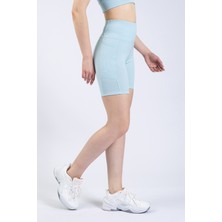 The Step Sports Kadın Mavi Cepli Fitilli Yüksek Bel Spor Şort Tayt 8"