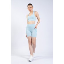 The Step Sports Kadın Mavi Cepli Fitilli Yüksek Bel Spor Şort Tayt 8"