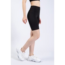 The Step Sports Kadın Siyah Cepli Fitilli Yüksek Bel Spor Şort Tayt 8"