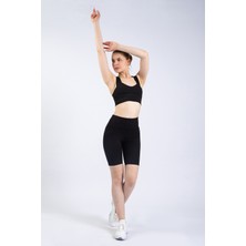 The Step Sports Kadın Siyah Cepli Fitilli Yüksek Bel Spor Şort Tayt 8"