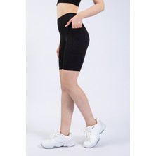The Step Sports Kadın Siyah Cepli Fitilli Yüksek Bel Spor Şort Tayt 8"