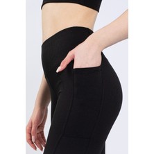 The Step Sports Kadın Siyah Cepli Fitilli Yüksek Bel Spor Şort Tayt 8"