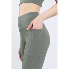 The Step Sports Kadın Çağla Yeşili Cepli Fitilli Yüksek Bel Spor Şort Tayt 8"