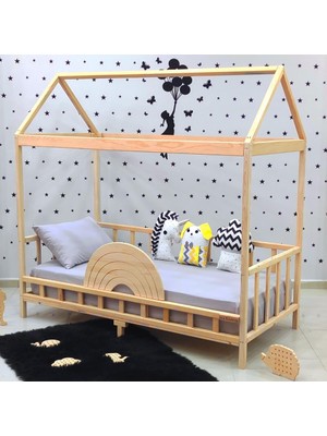 MiniWood Çatılı Montessori Yatak 90X190 Doğal Çam Çocuk Karyola