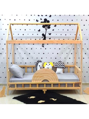 MiniWood Çatılı Montessori Yatak 90X190 Doğal Çam Çocuk Karyola