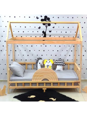 MiniWood Çatılı Montessori Yatak 90X190 Doğal Çam Çocuk Karyola