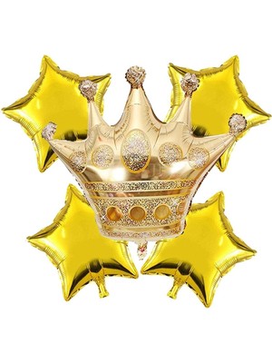 Bal10 Dünyası Gold Kral Tacı Folyo 1 Adet 24 Inç 4 Adet 18 Inç Gold Yıldız Folyo Balon Set
