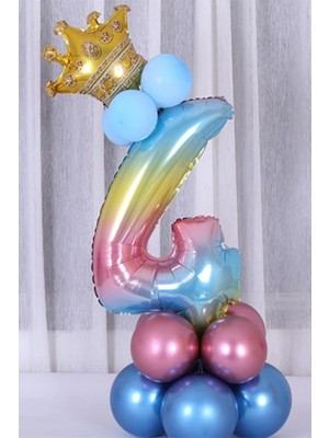 Bal10 Dünyası Gökkuşağı Renkleri Rakam Balon Altın Taçlı 4 Rakamlı Balon Seti