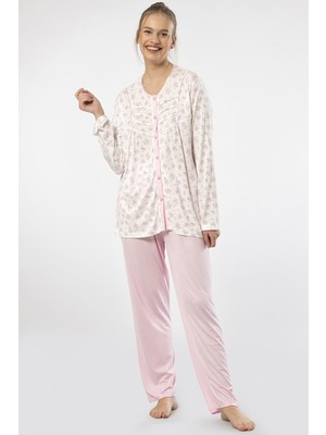 Türen 3367 Kadın Büyük Beden Uzun Kollu Pijama Takım-Pembe