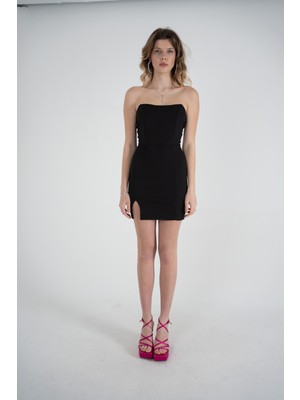 Holly Lolly Kadın Siyah Mini Boy Yırtmaçlı Balenli Straplez Laura Elbise