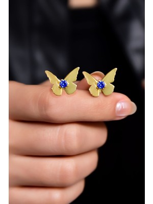 Papatya Silver 925 Ayar Gümüş Gold Kaplama Taşlı Kelebek Küpe