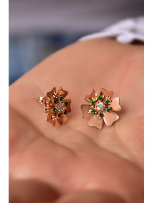 Papatya Silver 925 Ayar Gümüş Rose Kaplama Taşı Tohumlu Linum Çiçeği Küpe