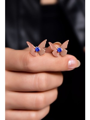 Papatya Silver 925 Ayar Gümüş Rose Kaplama Taşlı Kelebek Küpe