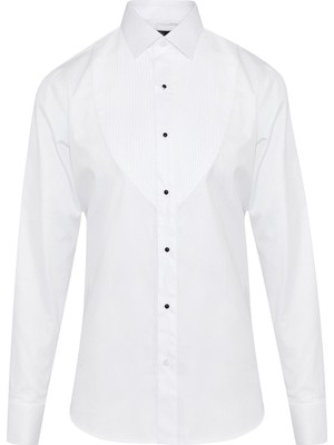 Hatemoğlu Beyaz Modern Fit Ata Desenli %100 Pamuk Uzun Kollu Damatlık Gömlek