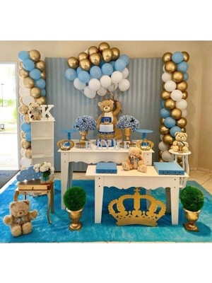 Bal10 Dünyası Krom Gold - Pastel Beyaz - Pastel Mavi Balon Seti + 5 mt Balon Zinciri 50 Adet