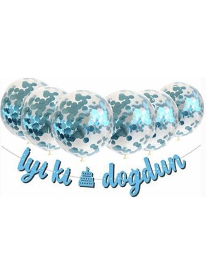 Bal10 Dünyası Mavi Konfetili Şeffaf Balon Pembe Iyi Ki Doğdun Kaligrafi Banner Yazı