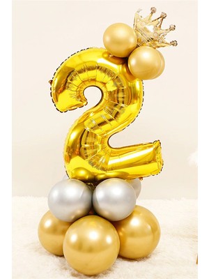 Bal10 Dünyası Gold Renk 2 Yaş Krom Gold-Gümüş Renkler Altın Taçlı Balon Seti