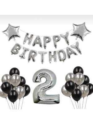 Bal10 Dünyası Gümüş 2 Yaş Happy Bırthday Folyo Balonlu Yıldızlı Set