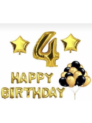 Bal10 Dünyası Gold 4 Yaş Happy Bırthday Folyo Balonlu Yıldızlı Set