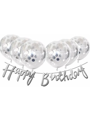 Bal10 Dünyası Gümüş Konfetili Şeffaf Balon Gümüş Happy Bırthday Kaligrafi Banner Yazı