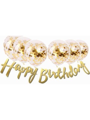 Bal10 Dünyası Gold Konfetili Şeffaf Balon Gümüş Happy Bırthday Kaligrafi Banner Yazı