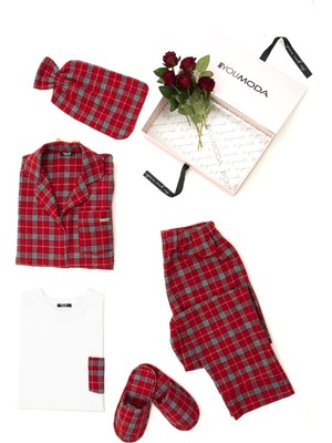 For You Moda Kadın 5 li Terlikli Kırmızı Ekoseli Pijama Takımı S26796
