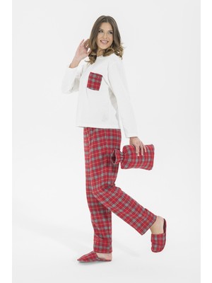 For You Moda Kadın 5 Li Terlikli Kırmızı Ekoseli Pijama Takımı