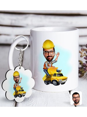 BK Kişiye Özel Erkek Yol Mühendisi Karikatürlü Beyaz Kupa ve Anahtarlık Hediye Seti-1