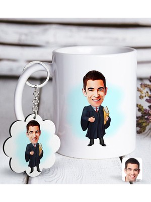 BK Kişiye Özel Erkek Avukat Karikatürlü Beyaz Kupa ve Anahtarlık Hediye Seti-1