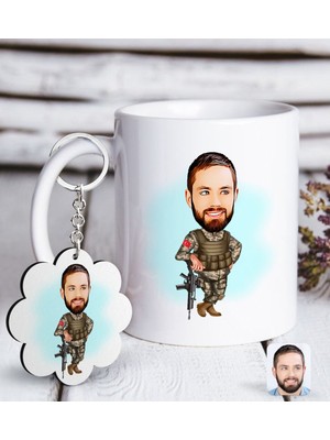 BK Kişiye Özel Asker Karikatürlü Beyaz Kupa ve Anahtarlık Hediye Seti-2