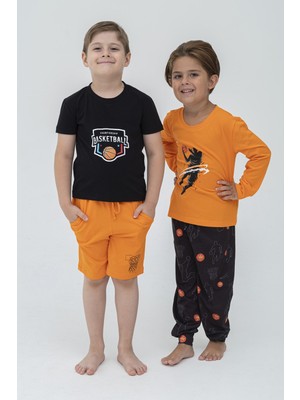 For You Kids 4 Lü Basketbol Desen Turuncu Pijama Takımı