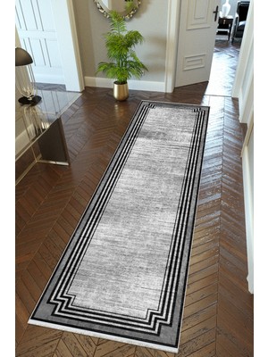 Yolluk Klasik Gri Siyah Kaymaz Kesme Yıkanabilir Ince Dijital Baskı Koridor Halısı