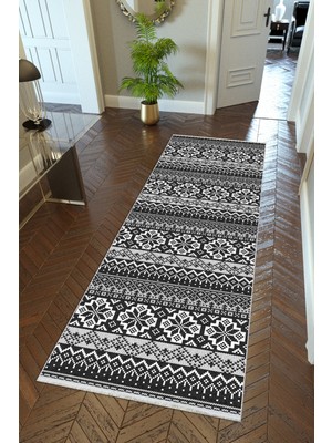 10 Post Online Yolluk Kilim Desenli Otantik Siyah Gri Kaymaz Kesme Yıkanabilir Ince Dijital Baskı Koridor Halısı