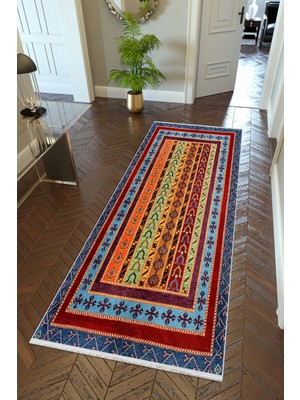 Yolluk Kilim Desenli Otantik Bordo Kaymaz Kesme Yıkanabilir Ince Dijital Baskı Koridor Halısı