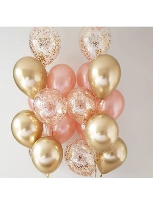 Best Parti Krom Gold - Rose Gold Metalik - Konfetili Şeffaf Balon Set