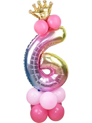 Best Parti 6 Yaş Gökkuşağı Renkleri Rakam Balon Altın Taçlı 6 Rakamlı Balon