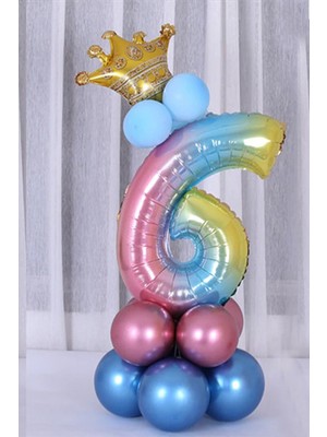 Best Parti Gökkuşağı Renkleri Rakam Balon Altın Taçlı 6 Rakamlı Balon Seti
