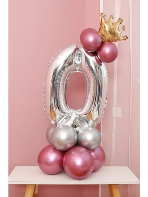 Best Parti 0 Yaş Krom Pembe-Gümüş Renkler Altın Taçlı Balon Seti